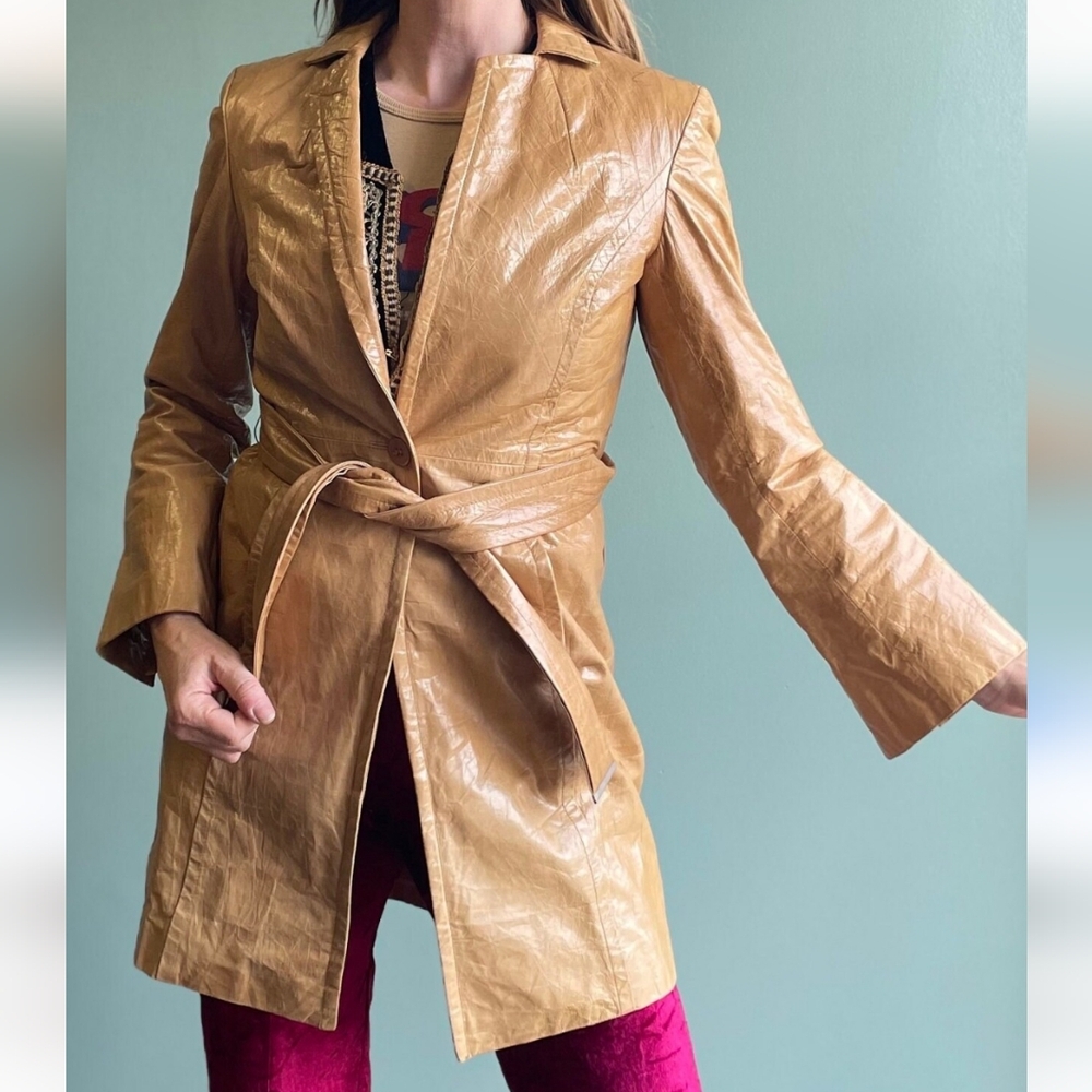 Express Y2K Tan Genuine Leather Vintage Belted Trench Coat - Picture 1 of 11